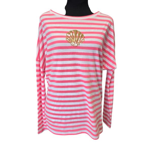 ⭐️NWOT Lily Pultizer Hot Pink Striped Gold Shell Long Sleeve Top Sz S - Picture 1 of 7